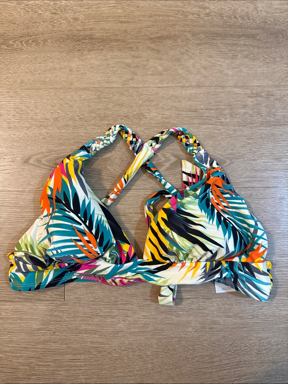Shade & Shore Tropical Leaf Bikini Top - Teal, Orange, Yellow, Black, White
